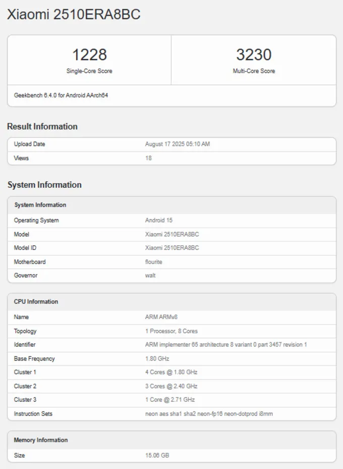 Điểm Geekbench của Redmi Note 15 Pro+